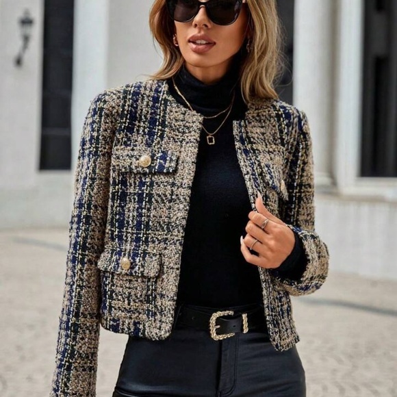 SHEIN Jackets & Blazers - NWOT Women's Tweed Jacket - Blue and Cream